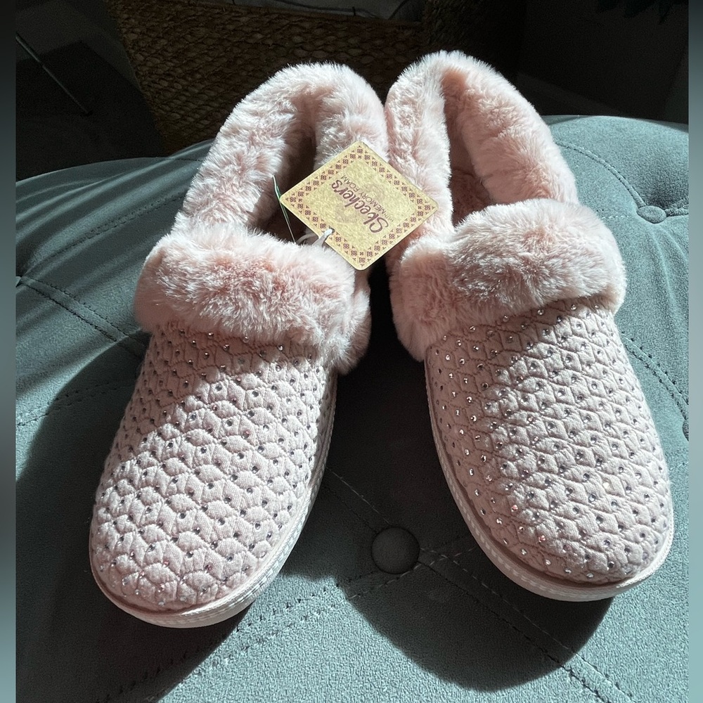 Skechers Blush Furry Rhinestone Slippers